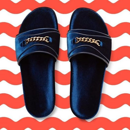 Churchill Chain-trimmed blue Velvet slides