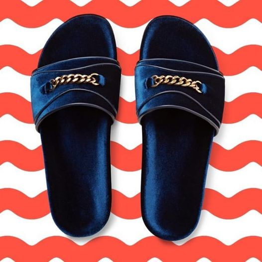 Churchill Chain-trimmed blue Velvet slides