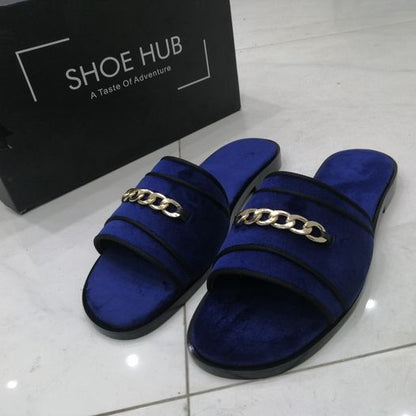 Churchill Chain-trimmed blue Velvet slides